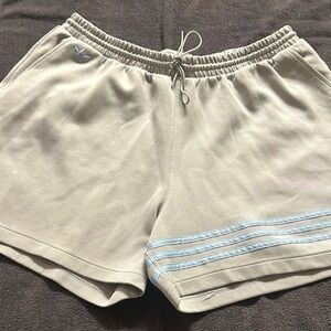 Adidas Women's Beige Shorts with Light Blue Stripes